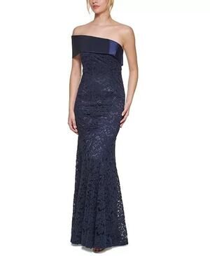 eliza j one shoulder lace dress Eliza J Women's One Shoulder Tie Waist Lace Wedding Gown